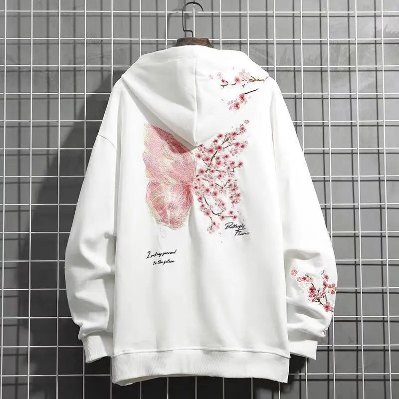 China-Chic Cherry Blossom Butterfly Heavy Industry Couple Hooded Sweaters Men Hoodies Autumn Loose Fashion Coat Stranger Thing
